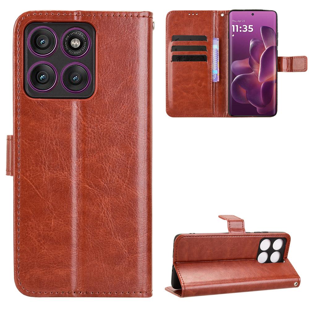 

For Motorola Edge 60 Pro 5G PU Leather Case with Strap Crazy Horse Texture Phone Wallet Cover Brown