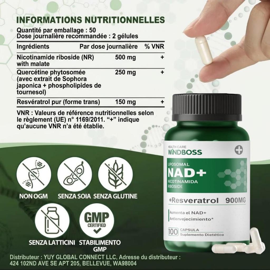Windboss NAD+ Liposomaal NR 900mg met Quercetine, Trans-Resveratrol en NMN - Verbeterde Energie en Concentratie N01