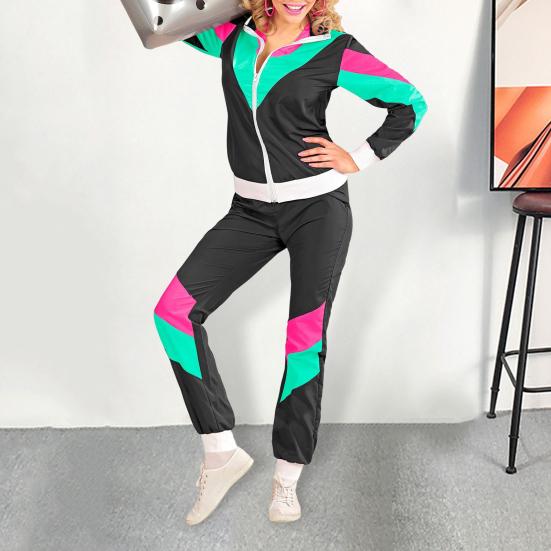 80s 90s Tracksuit Costume for Men Women Retro Hip Hop Windbreaker Jacket Suit Colorblock 2 Piece Hip Hop Outfit for Themed Parties Carnivals