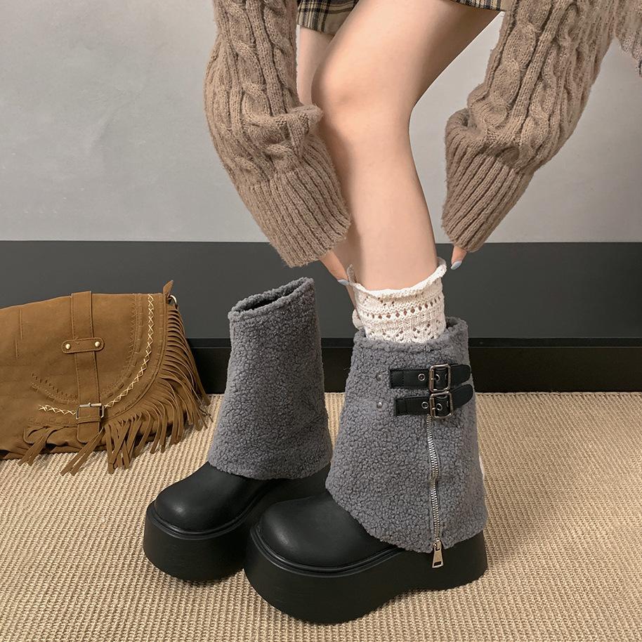 Thick-soled Lamb Wool Tall Snow Boots Women's 2025 Autumn and Winter Small Man Heightening Trouser Boots Plush Plush Boots