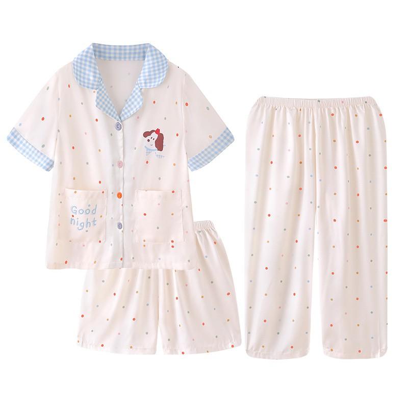 Girls Ice Silk Pajama Set Short Sleeve Long Pants Cartoon Print Comfortable Sleepwear Ages 8