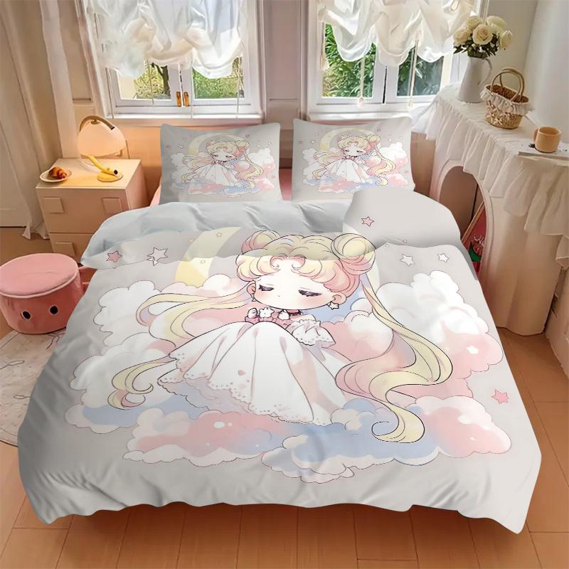 3pcs Sailor Moon Anime Bedding Set, Including 1 Quilt Cover and 2 Pillow Shams, Without Filling, Soft and Comfortable Home Bedroom Fabric, F