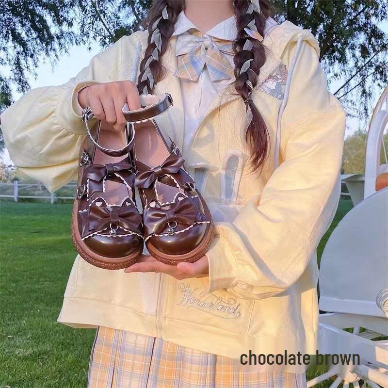 Cute Japanese Lolita Leather Shoes - Women's College Style Round Toe Bowknot JK Uniform