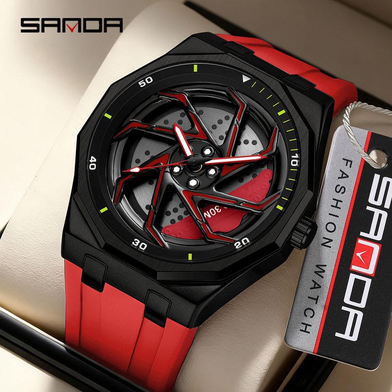SANDA Men's Waterproof Luminous Polygonal Quartz Watch with 3D Rotating Dial and Silicone Band