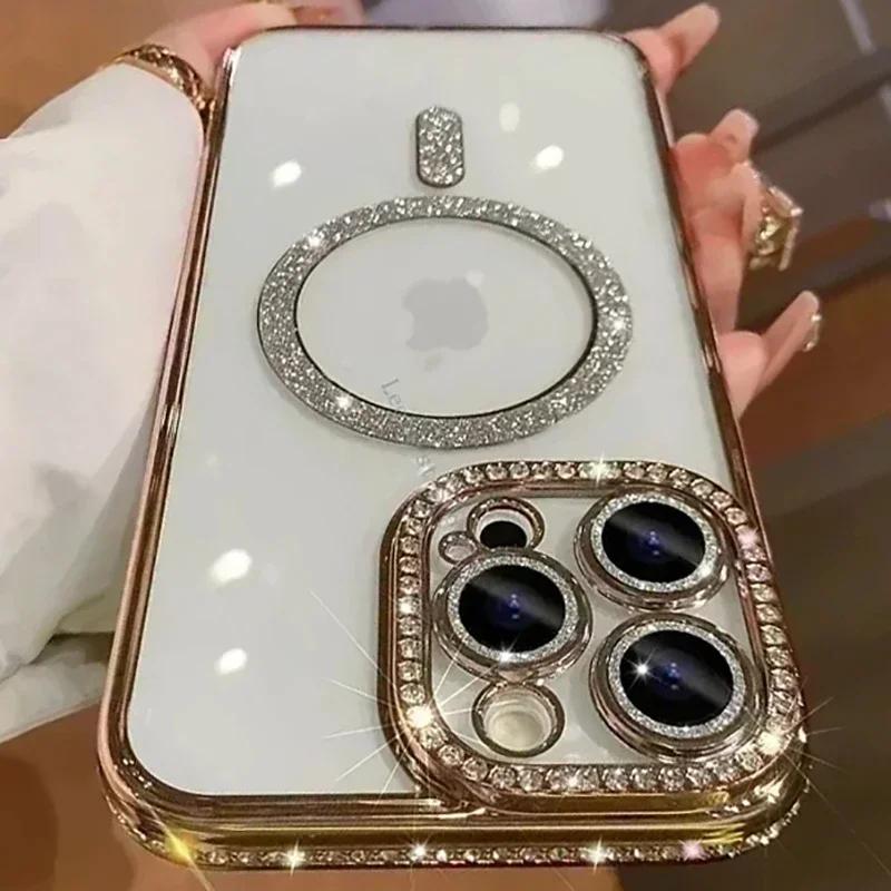 Nové módní třpytivé diamantové průhledné pouzdro pro iPhone 16 15 14 Plus 13 12 11 Pro Max magnetický kryt zad pro bezdrátové nabíjení