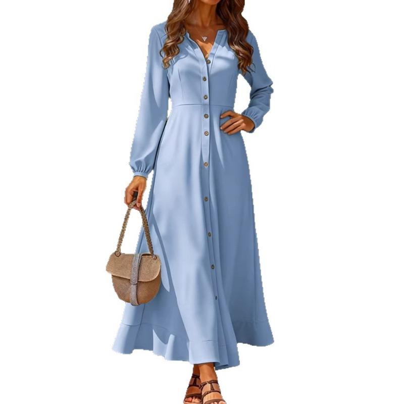 New Women's Casual V-neck Long-sleeved Cardigan Solid Color Women's Dress Long Skirt