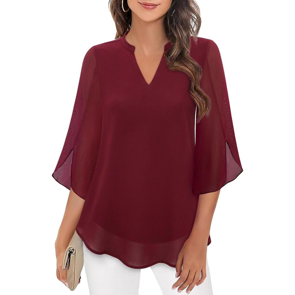 Women's V Neck Half Sleeve Loose Fit Chiffon Blouse Petal Sleeve Casual Top