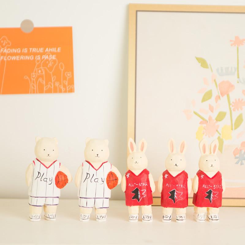 Wooden Craft Figurine With Basketball Bear And Bunny For Home Decor And Giftgiving