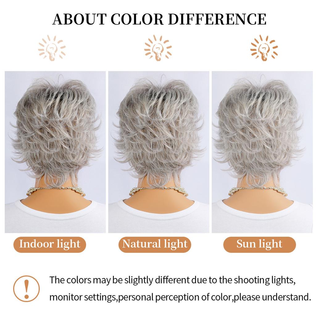Short Natural Wigs with Bangs Soft Mommy Hair Daily Use Silver White Gray Curly Synthetic Hair Costume Party Wig for Women