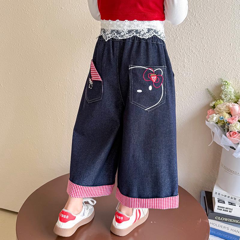 

2025 Girls Autumn Plaid Wide-Leg Ankle Jeans - Trendy Children s Straight-Leg Pants 140 cm