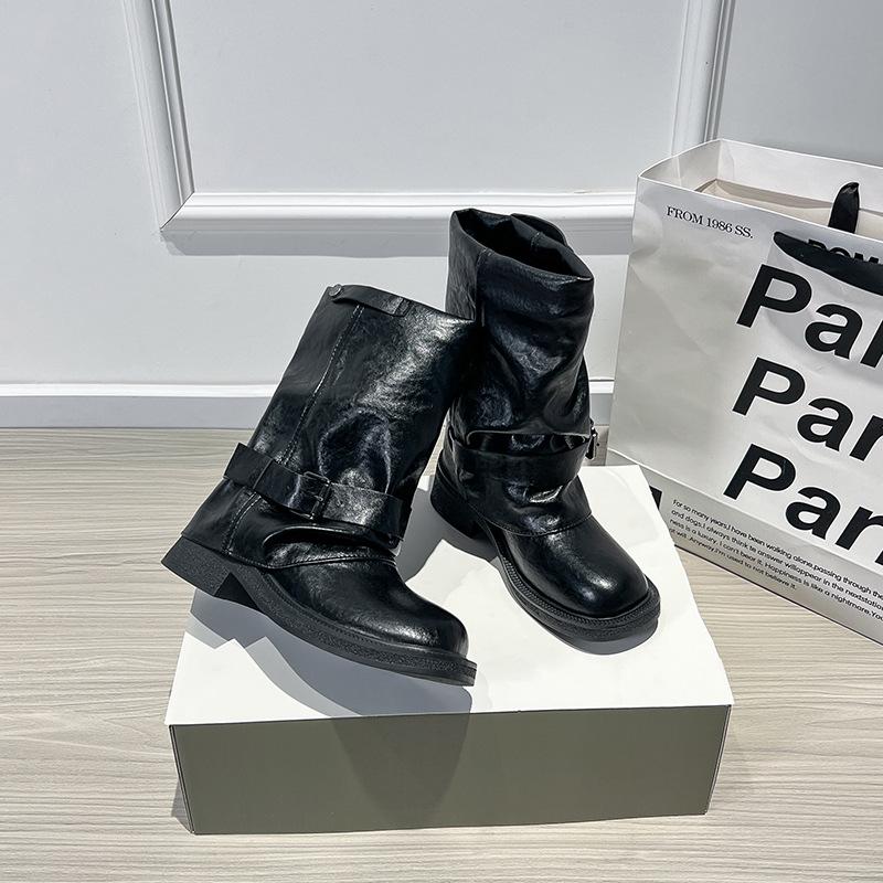 New Inner Heightening Round Head Wide Tube Thick Heel Medium Boots Women's Retro Belt Buckle Western Pleated Short Boots Women's Knight Boots