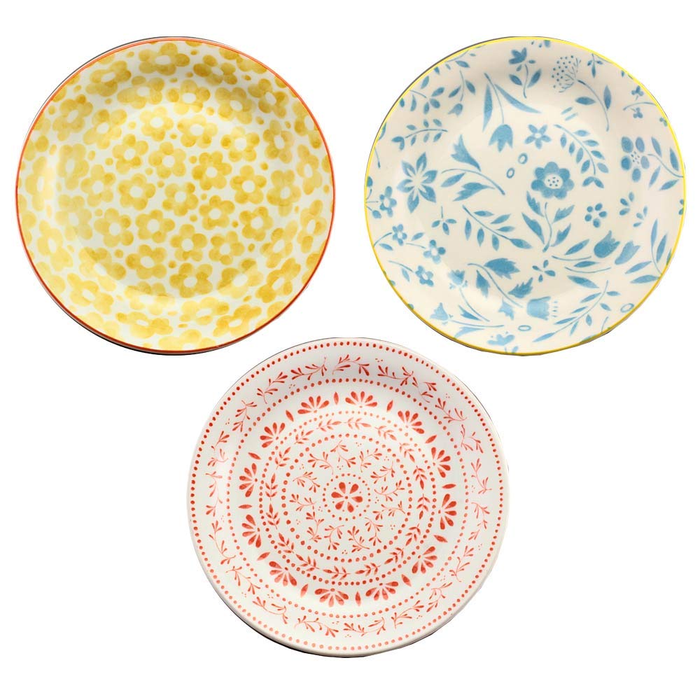 

Mino Ware Nordic Flower Dish Plate Set of 3, 18.7cm Diameter, Yellow, Red, and Blue, Made in Japan, Microwave and Dishwasher Safe