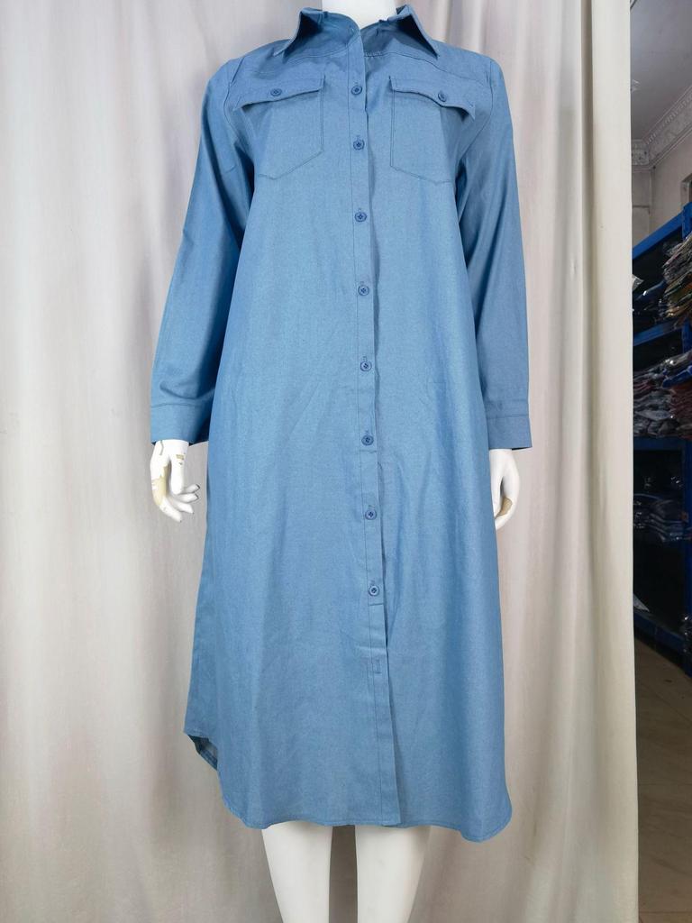 2023 European & American Fashion Denim Long Skirt with Shirt Collar