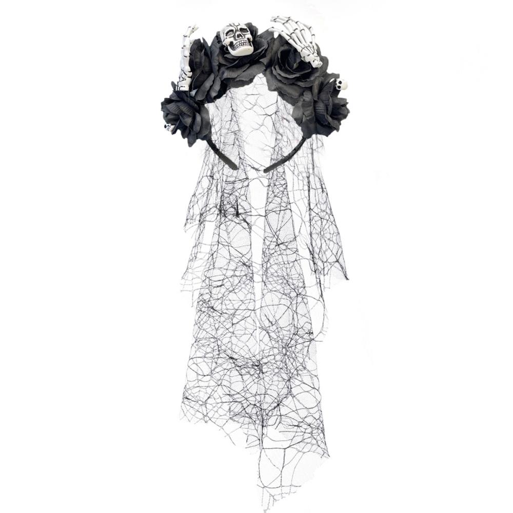 Halloween Black Veil Floral Hair Band Day Of The Dead Skull Rose Flower Headband Crown Cosplay Costume Headpiece Party Headwear
