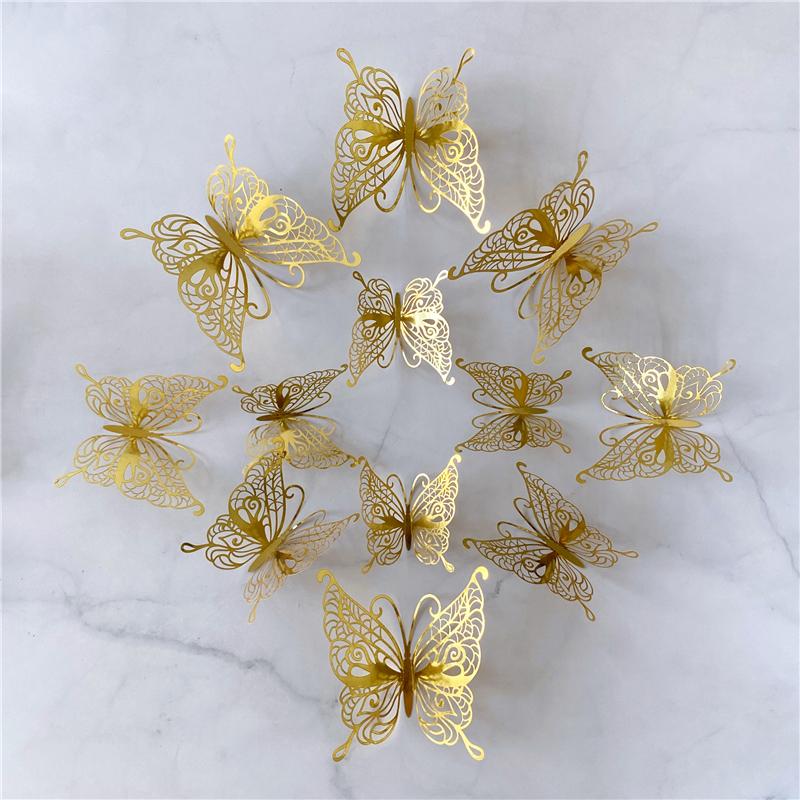 12Pcs/Set 3D Hollow Butterfly Wall Sticker Gold Silver Rose Wedding Decoration Living Room Home Decor Butterflies Decal Stickers KTY