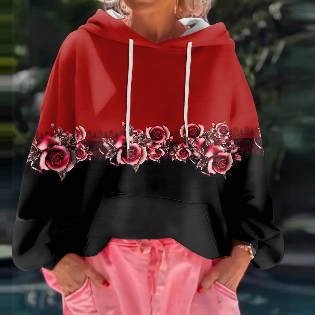 Women's Floral Print Loose Casual Long Sleeved Hooded Sweatshirt