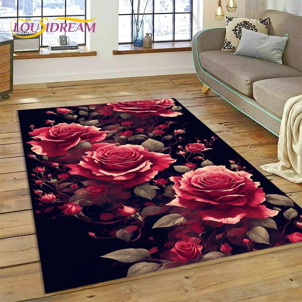 Gül Çiçekleri İskandinav Aşk Romantik Halı Kilim Yatak Odası Oturma Odası Ev Kanepe Dekorasyonu, Çocuk Oyunu Büyük Dekor Yer Paspası
