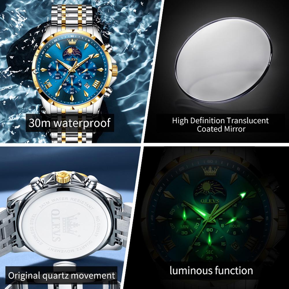 OLEVS Original Chronograph Quartz Watch For Men Moon Phase Stainless Steel Waterproof Man Watch Date Fashion Wrist Watch