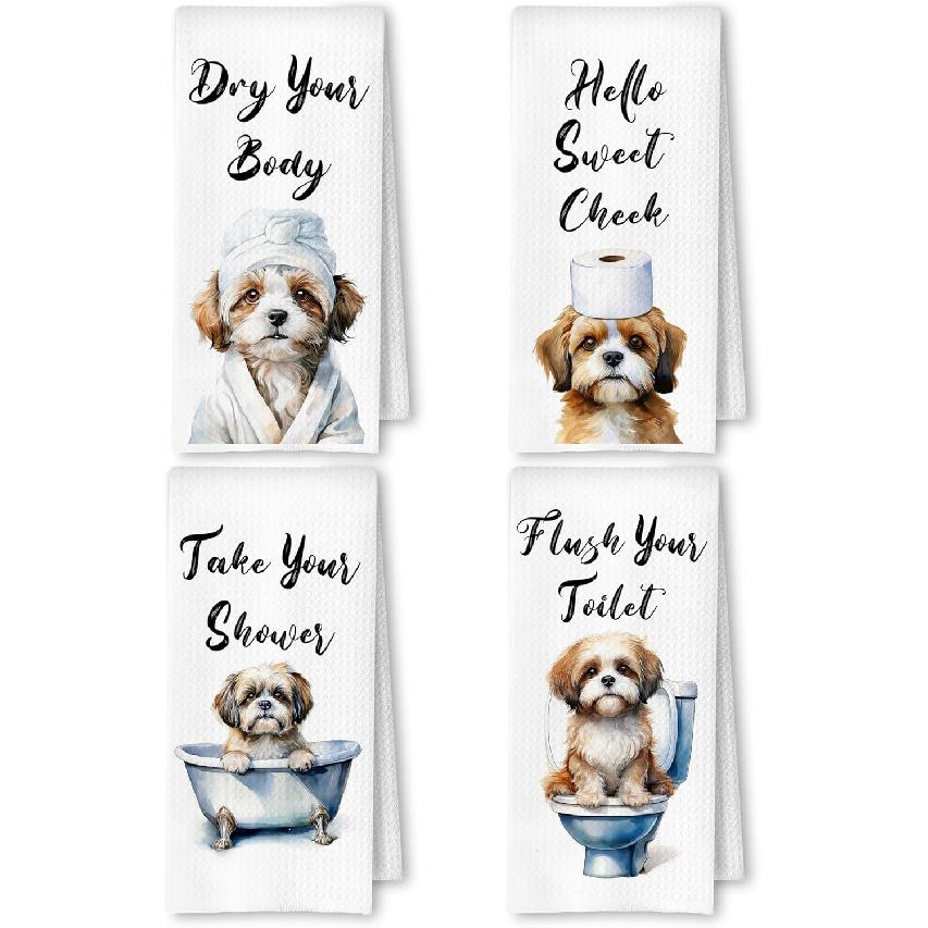 Забавные полотенца для рук с мальтийской собачкой для ванной комнаты, туалета, подарки для любителей мальтийских собак, женщин, мужчин, декор для ванной с собаками, набор из 4 шт., 16x24 дюйма Shih Tzu