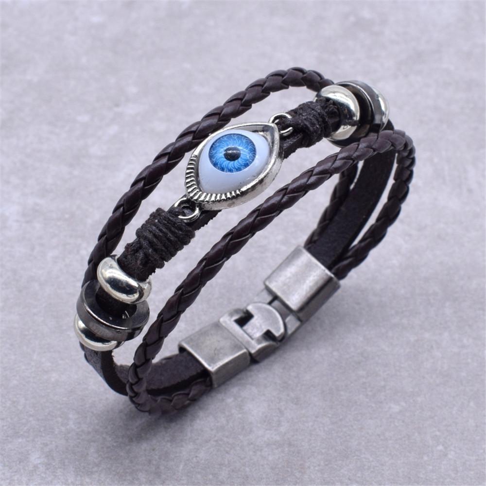 Hot Sale Black & Brown 20.5cm Hand made Leather Bracelet Men Women Evil Eye Bracelet Fashion Vintage Beads Jewelry
