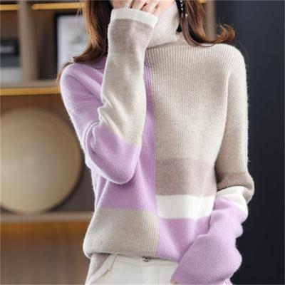 Autumn and Winter New Color Matching Turtleneck with Pullover Sweater Women's Fashion Temperament Loose and Thin Knitted Bottoming Shirt