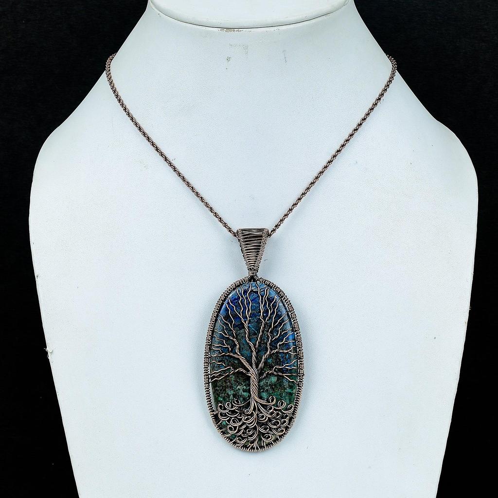 Tree Of Life Azurite Malachite Pendant, Handmade Gemstone 999 Copper Wire Wrap Pendant Antique Jewelry, For Gift Copper Jewelry