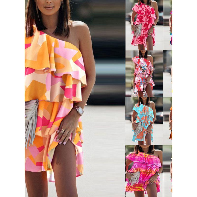 Slimming Sloping Shoulder Frill Casual Print One piece Dress Women clothing Shoulder Fashion Vacation Short dress