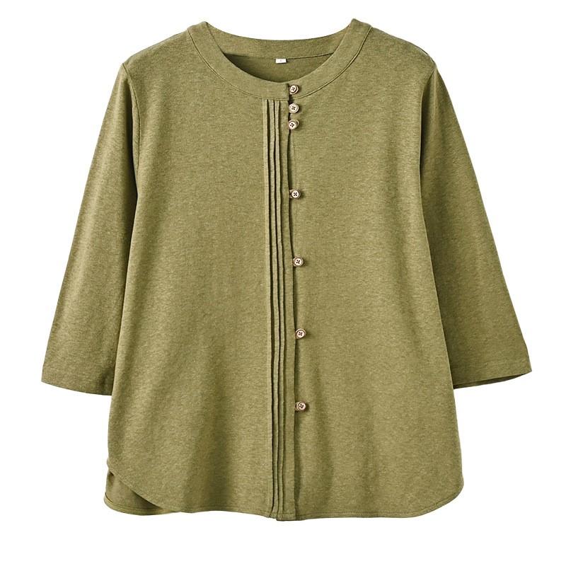 Johnature Women Knitted T-Shirts Solid Color O-Neck Spring Seven Sleeve Button Fold Casual T-Shirts