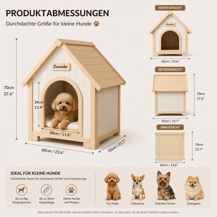 FSC Solid Wooden Indoor Dog & Cat House Niche, Scandinavian Design with Washable Cushion, 60x55x70cm
