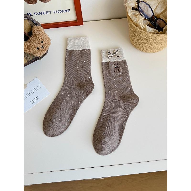 Autumn and Winter Bear Embroidered Bow Cartoon Versatile Mid-calf Socks for Women In Contrasting Colors Cute Cartoon Dot Pile Socks