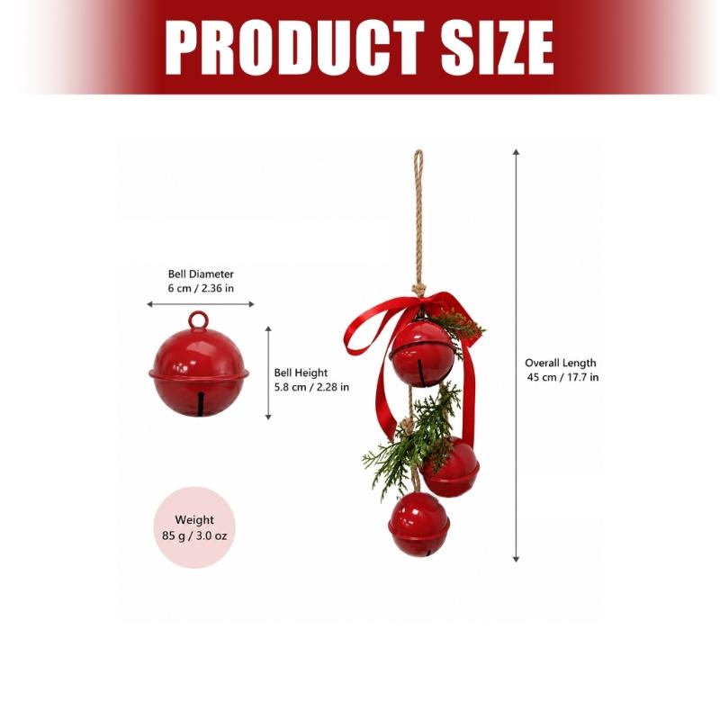 Iron Christmas Bell Ornament, Three Staggered Bells with Ribbon and Pine-Look Trim for Wreath Holiday Displays