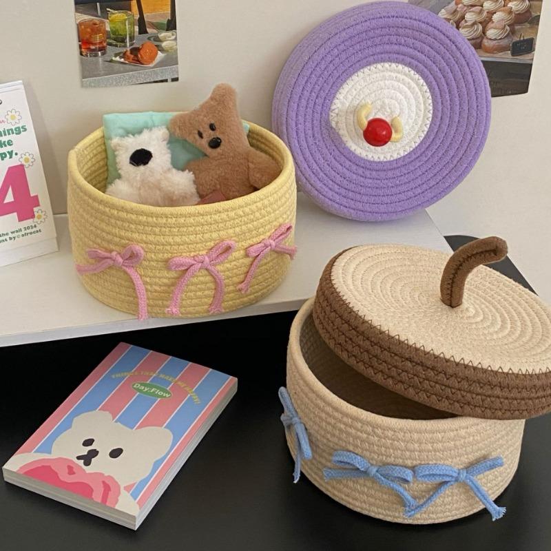 1PC Cute Cotton Thread Woven Storage Basket Home with Lid Storage Sundries Storage Basket Desktop Dustproof Ornament Drawer Storage