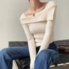 Mode Elegant Quadratischer Ausschnitt Gestrickter Pullover Damen Pullover Einwortschulter Herbst Winter Langarm Oberteile Einfarbig Lässiges Lockeres Hemd Kleidung