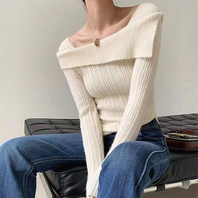 Mode Elegant Quadratischer Ausschnitt Gestrickter Pullover Damen Pullover Einwortschulter Herbst Winter Langarm Oberteile Einfarbig Lässiges Lockeres Hemd Kleidung