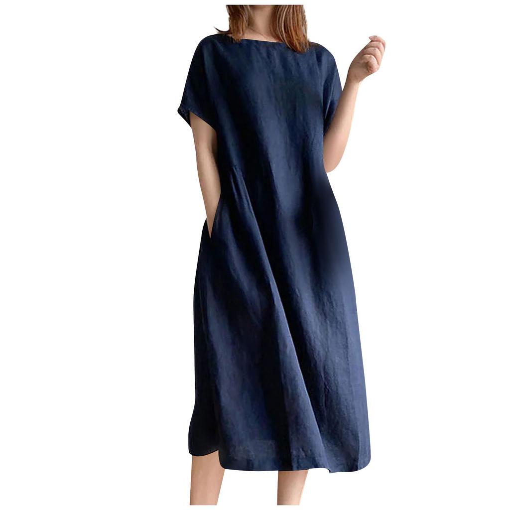 Damen Sommer Groß Locker Baumwolle Leinen Rundhals Kurzarm Tasche Mittellanges Kleid