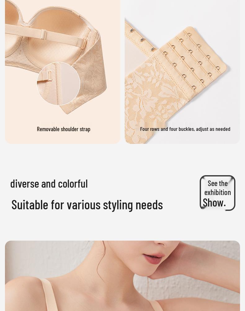 Strapless Non-Slip Push-Up Bandeau Bra with Light, Breathable Thin Cup for Larger Chests