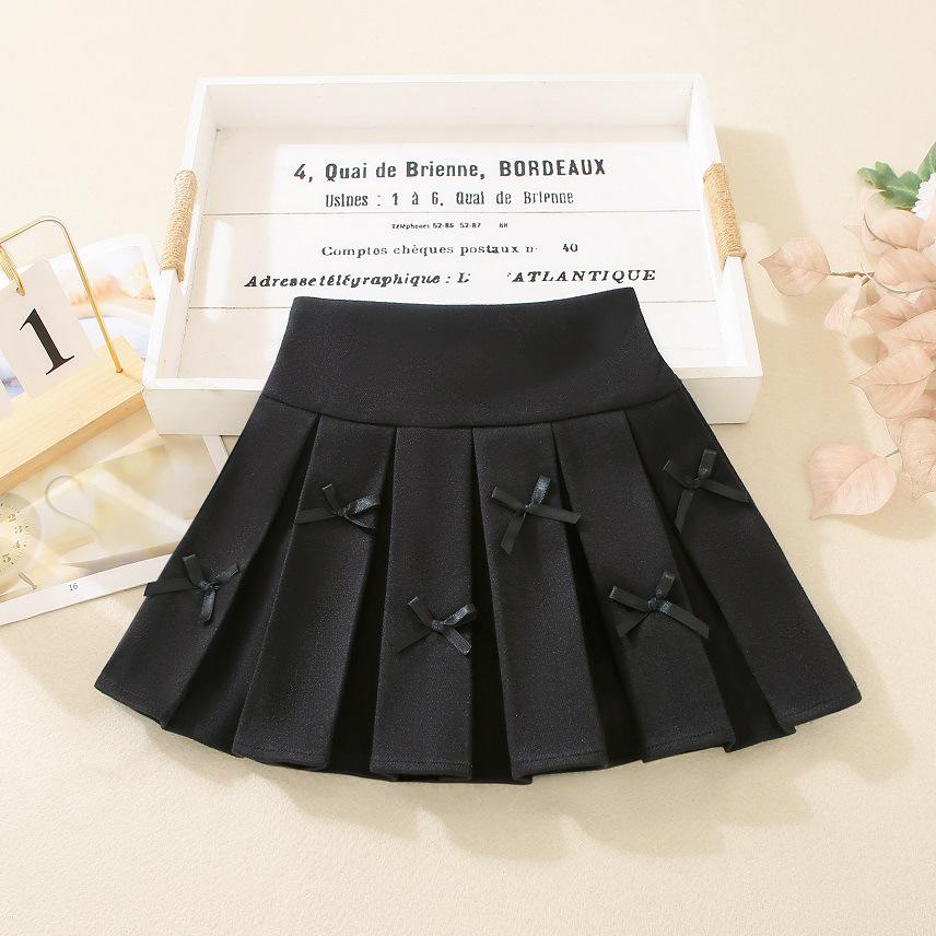 

Юбка в складку с бантом в студенческом стиле для девочек, Осень 2025, Миди с защитой от просвечивания, черная Size 130 (Fits around 120cm height)
