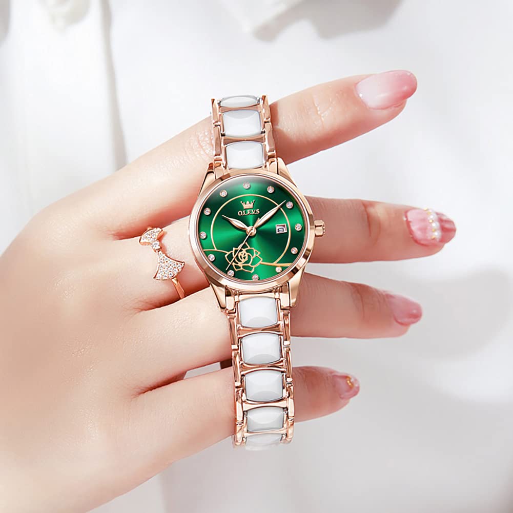 OLEVS Floral Easy To Pink Japanese Bracelet Green Women's Clock, Cute, Green, Pattern, See, Beautiful, Gold, Popular, Waterproof, Luminous, Movement,