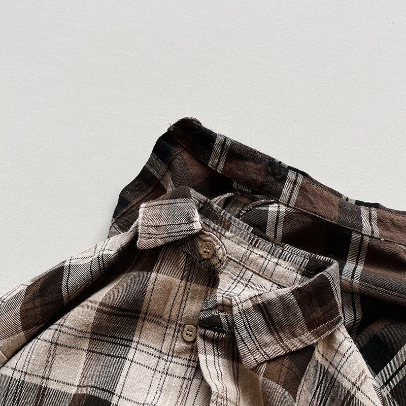 Kids Korean Style Retro Long Sleeve Plaid Shirt For Boys And Girls