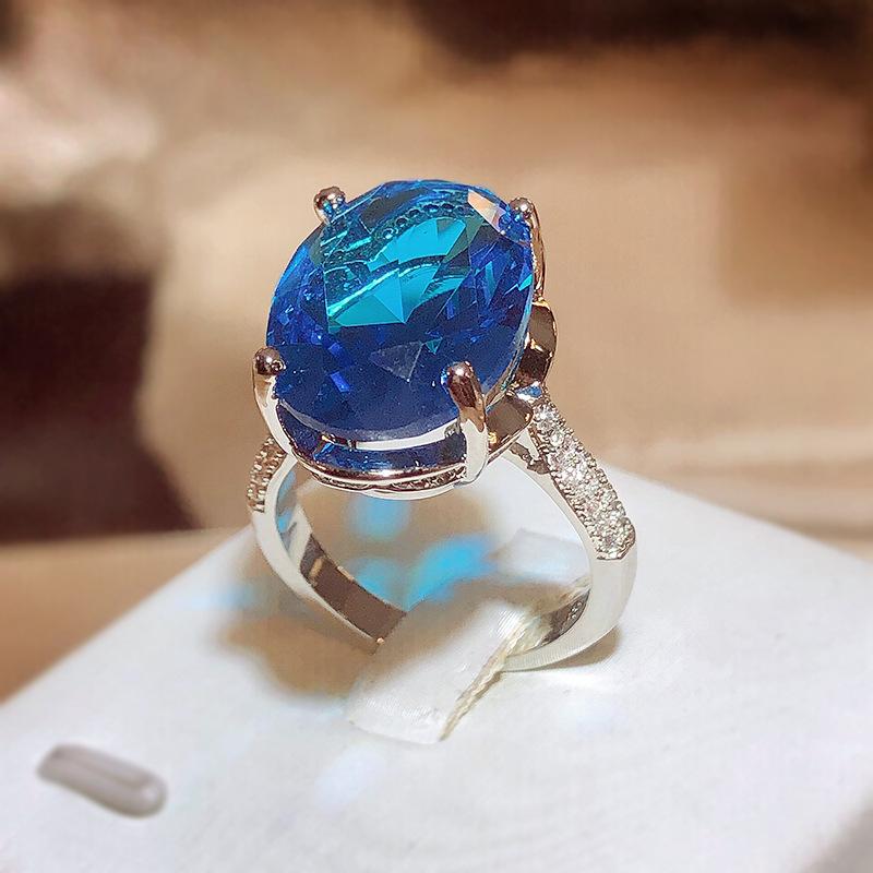 

Роскошное большое блестящее женское кольцо с синим цирконом AAAA, модное стильное ювелирное изделие в Instagram, несмываемое кольцо, юбилейное ювелирное изделие синий