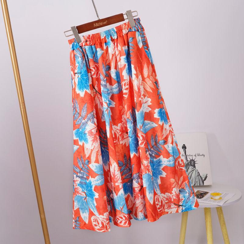 Floral Half Length Skirt for Women Spring/Summer Long Style High Waist Retro Elastic Long Length Skirt