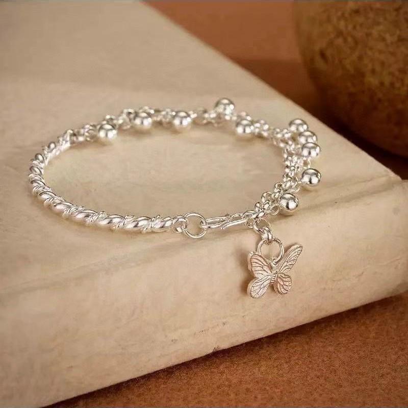999 Sterling Silver Women s Anklet with Small Round Beads and Butterfly Charms Pure Silver