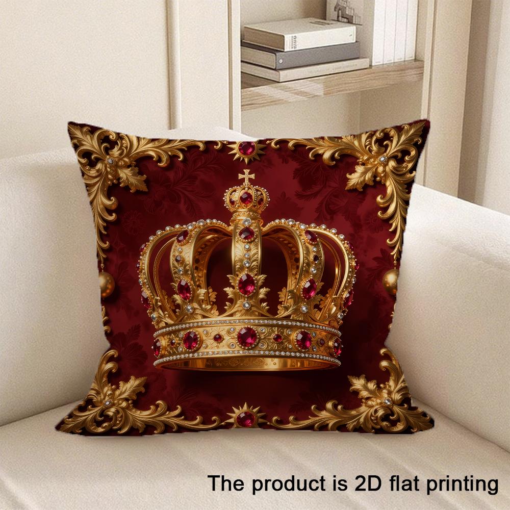 1pc Luxurious Crown-Printed Red Velvet Pillowcase Sofa Cushion Cover Home Bedroom Room Decoration