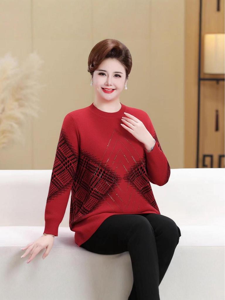 Extra Wide Plus Size Autumn/Winter Wool Pullover Sweater for Middle-Aged and Elderly Women