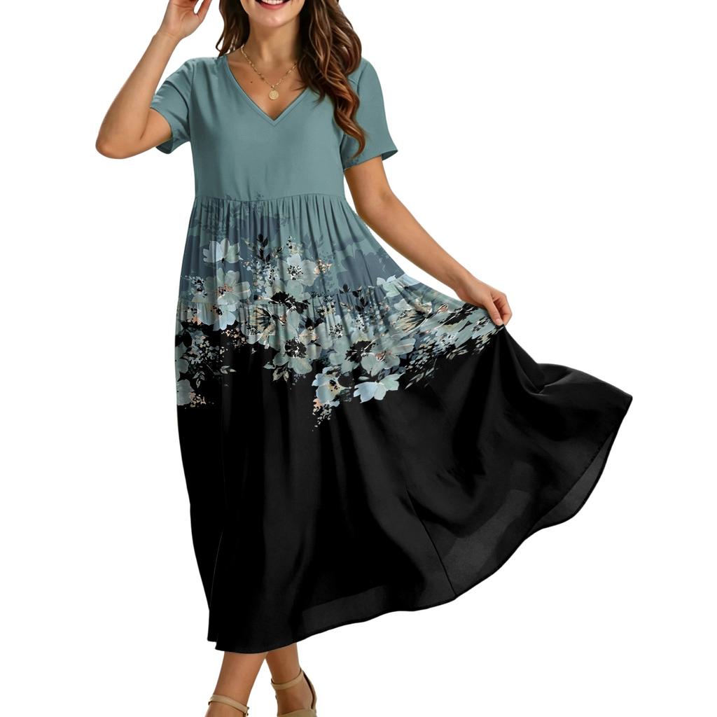Damen Lässiges Bohème-Stil Lockere Passform Blumenprint Kurzarm V-Ausschnitt Maxikleid für den Alltag
