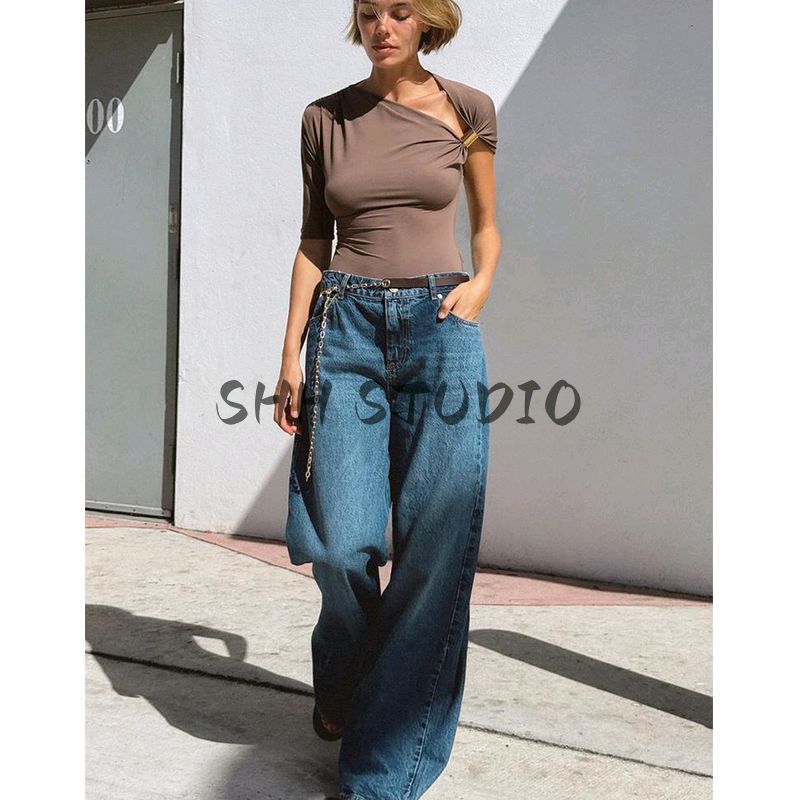 Spring and Summer New Women's Clothing Short Sleeve Multi-Color Selection Pure Color Chinlon Blended Asymmetric Minimalist Tops 1026164