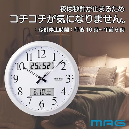 MAG Wall Clock, Analog, Radio-Controlled, Radio Wave Reception ON/OFF, Diameter 34.0cm, Temperature, Humidity, Environmental Guidelines, Calendar, Rok