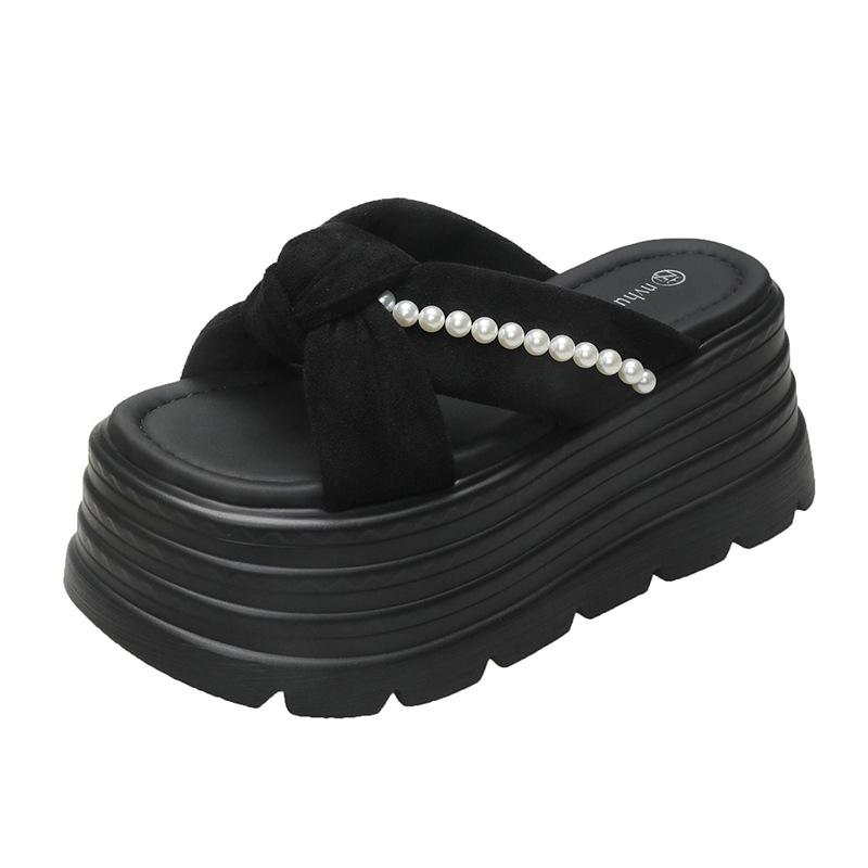 Thick-bottomed Pearl Slippers Women's Fashion Outer Wear 2025 Summer New Versatile Height Increase 9cm Bow Muffin Sandals
