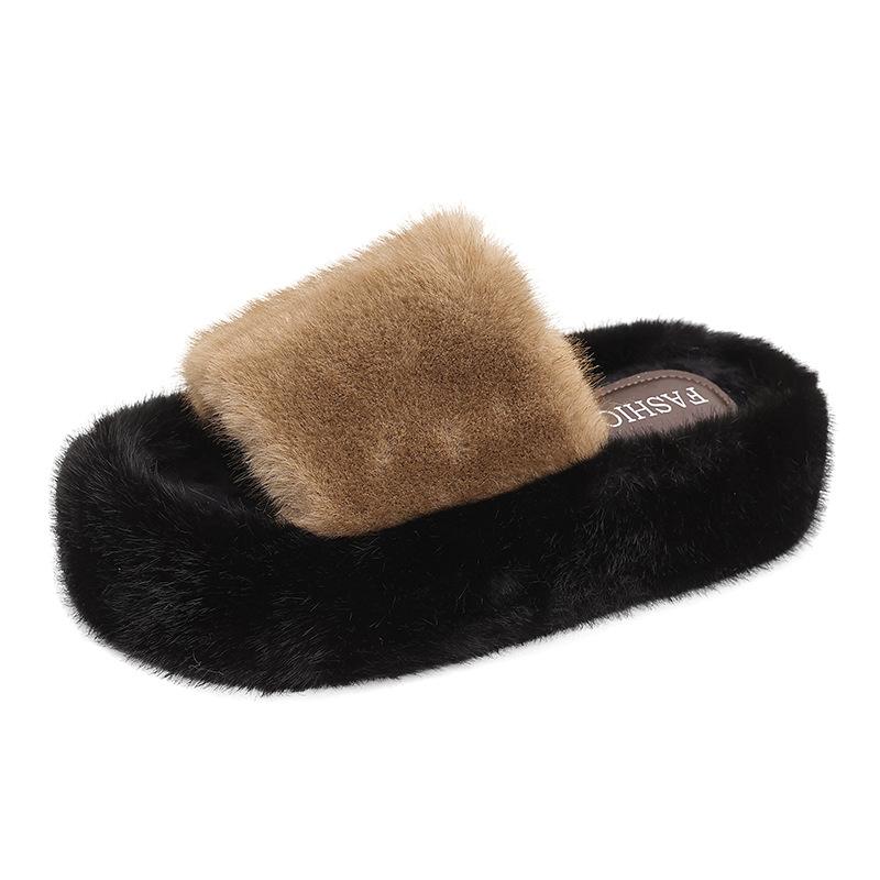 Thick Bottom Heightening Fluffy Slippers Women's Outer Wear 2025 New Autumn and Winter Popular Cotton Tows Cute Cotton Slippers