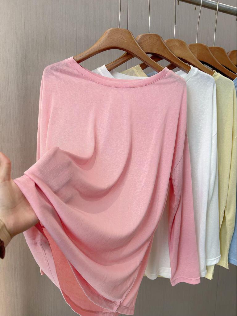 Women's Lyocell Tencel Long Sleeve Round Neck Loose Knit Sunscreen Cover-Up Top